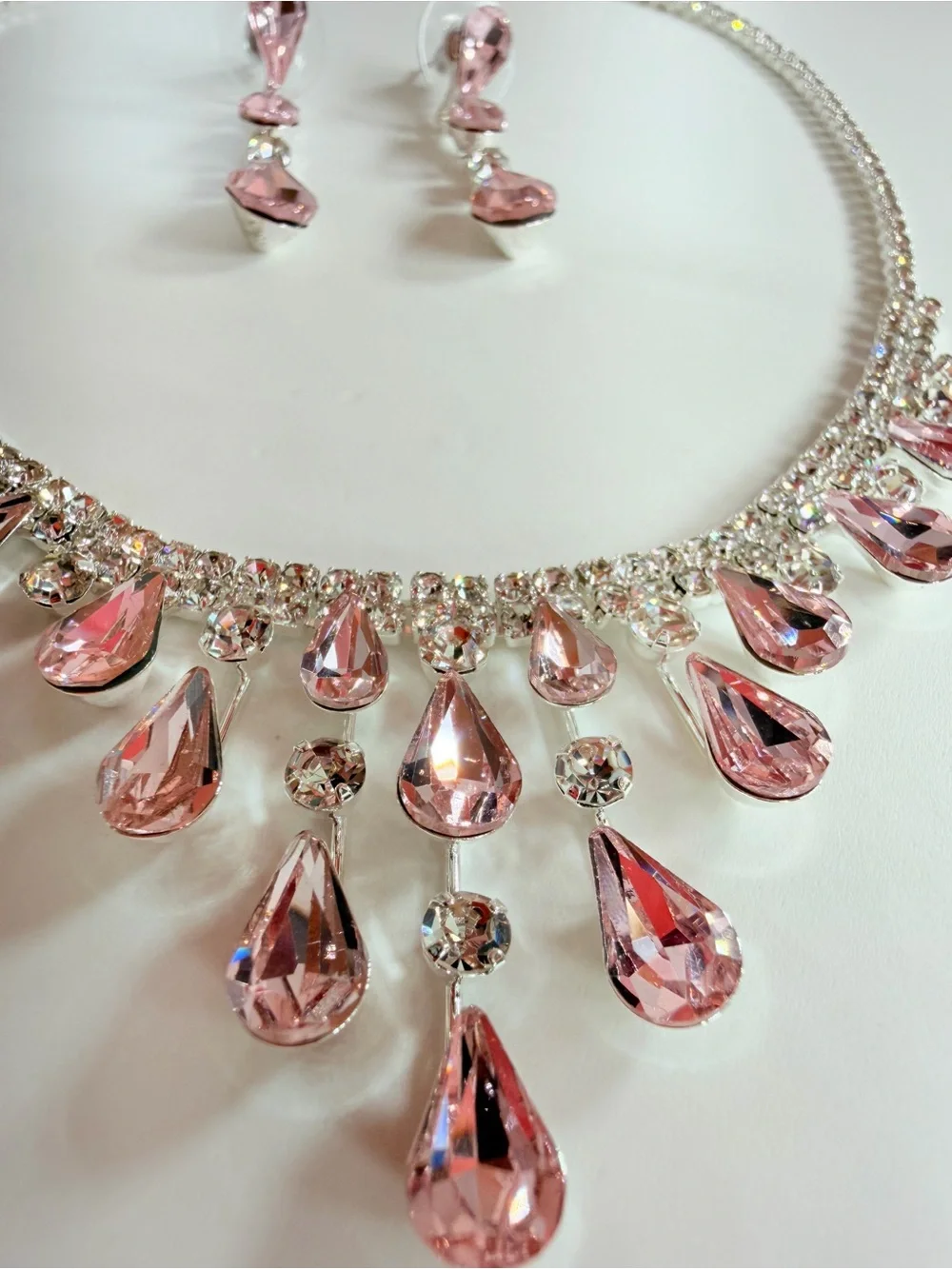 Pink Teardrop Crystal Necklace and Earring Set
